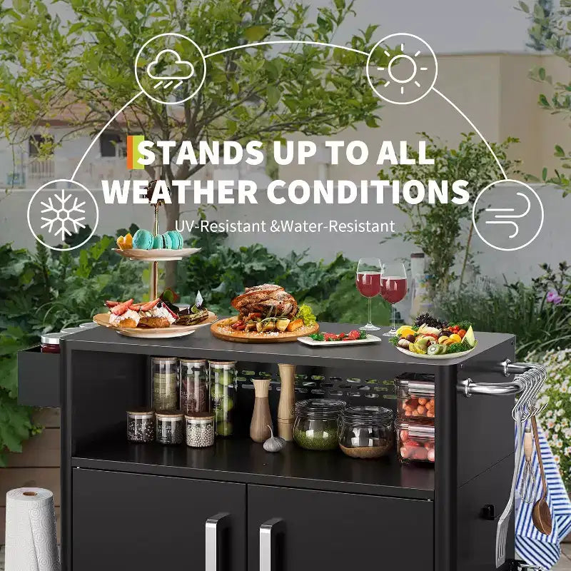 Chariot de cuisine extérieur robuste noir GustoWave avec roulettes et rangement - Table de préparation BBQ à 2 niveaux pour terrasse