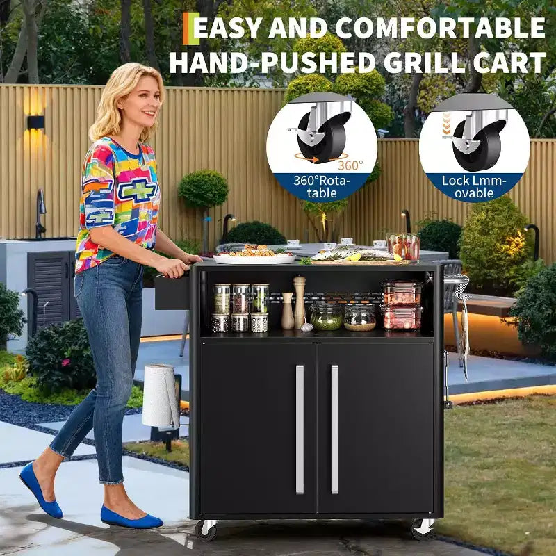 Chariot de cuisine extérieur robuste noir GustoWave avec roulettes et rangement - Table de préparation BBQ à 2 niveaux pour terrasse