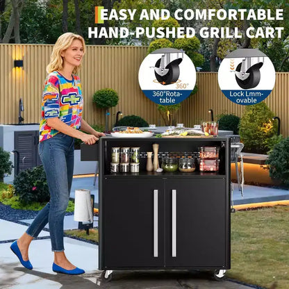 Chariot de cuisine extérieur robuste noir GustoWave avec roulettes et rangement - Table de préparation BBQ à 2 niveaux pour terrasse