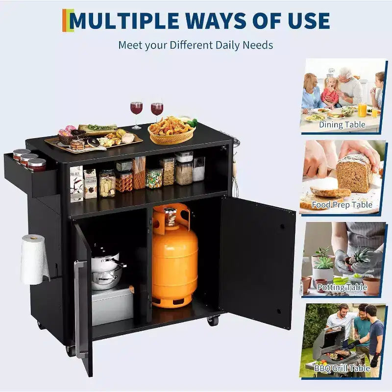 Chariot de cuisine extérieur robuste noir GustoWave avec roulettes et rangement - Table de préparation BBQ à 2 niveaux pour terrasse