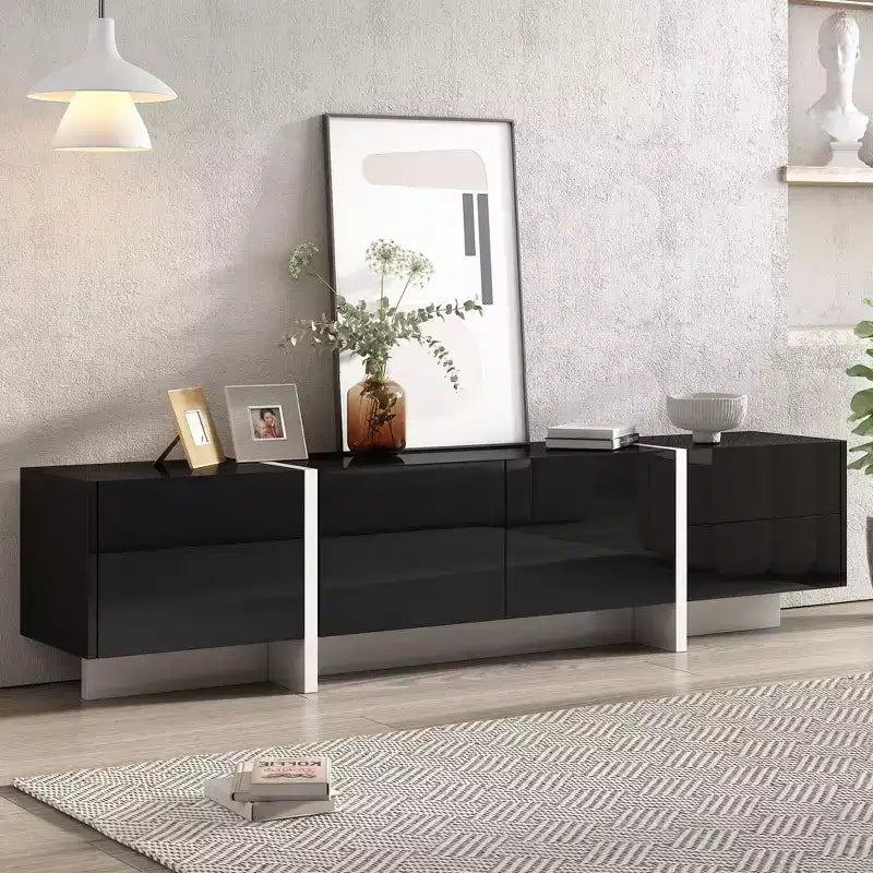 JVNOXK Modern Minimalist Black and White Rectangular TV Stand, a uniquely designed TV cabinet suitable for TVs under 80 inches, perfect living rooms