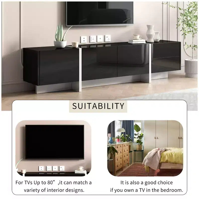 Meuble TV rectangulaire minimaliste moderne noir et blanc JVNOXK, un meuble TV au design unique adapté aux téléviseurs de moins de 80 pouces, parfait pour les salons.