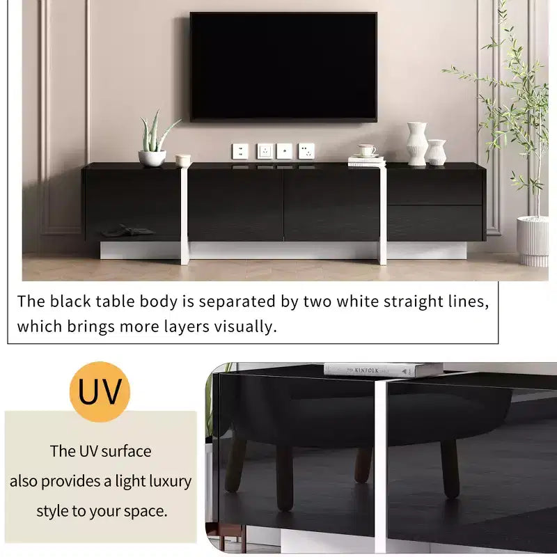 Meuble TV rectangulaire minimaliste moderne noir et blanc JVNOXK, un meuble TV au design unique adapté aux téléviseurs de moins de 80 pouces, parfait pour les salons.