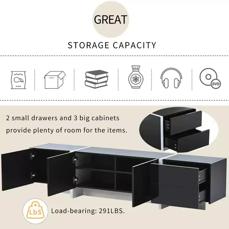 Meuble TV rectangulaire minimaliste moderne noir et blanc JVNOXK, un meuble TV au design unique adapté aux téléviseurs de moins de 80 pouces, parfait pour les salons.