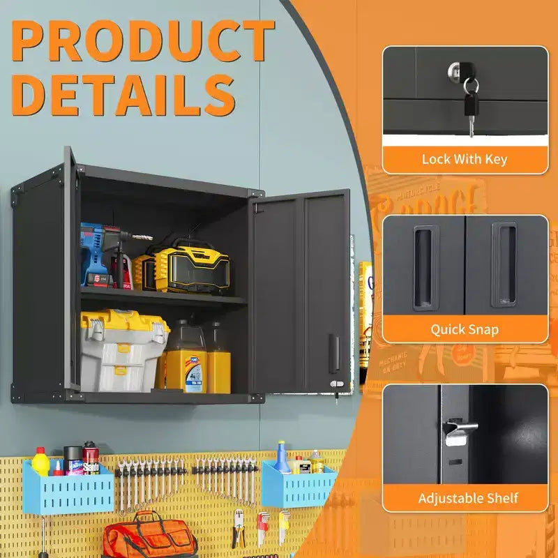 Armoire de rangement murale en métal, Armoire de rangement verrouillable avec 1 étagère réglable et 1 tiroir ouvert pour sous-sol, maison, cuisine
