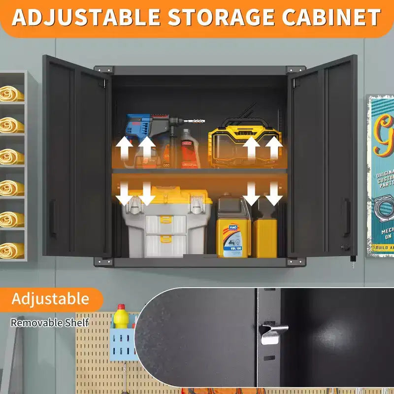 Armoire de rangement murale en métal, Armoire de rangement verrouillable avec 1 étagère réglable et 1 tiroir ouvert pour sous-sol, maison, cuisine