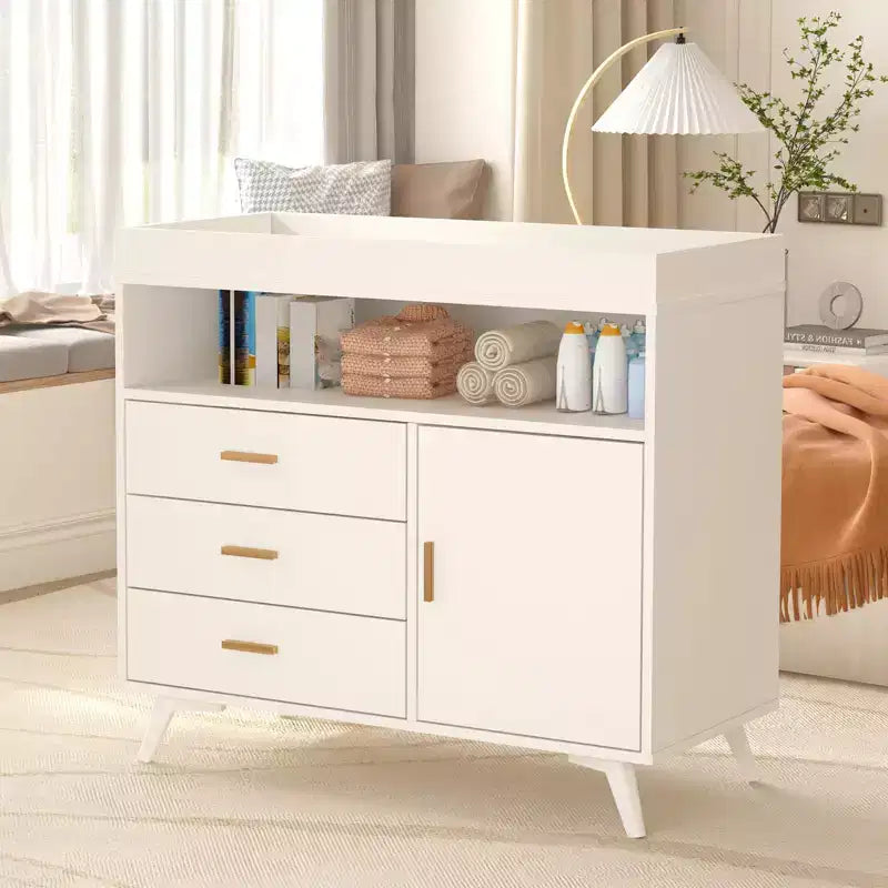 Commode à langer en bois GustoWave avec 3 tiroirs et étagères, Station à langer et organisateur de rangement pour bébé