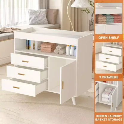 Commode à langer en bois GustoWave avec 3 tiroirs et étagères, Station à langer et organisateur de rangement pour bébé