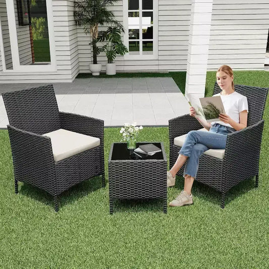 3-Piece Outdoor Patio Furniture Set, Modern Rattan Chair Conversation Set with Coffee Table for Garden, All-Weather Wicker & Steel Frame