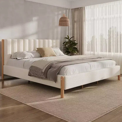 Queen/King/California King Size Upholstered Platform Bed Frame with Thick Padded Headboard & Solid Wood Legs, White - ModernLuxe