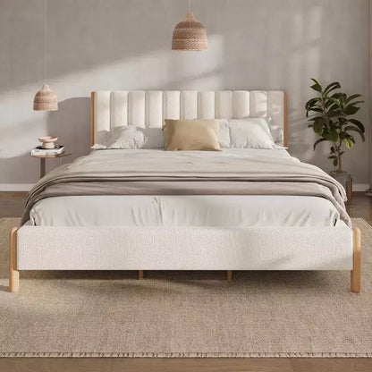 Cadre de lit plateforme rembourré Queen/King/California King avec tête de lit épaisse capitonnée et pieds en bois massif, blanc - ModernLuxe
