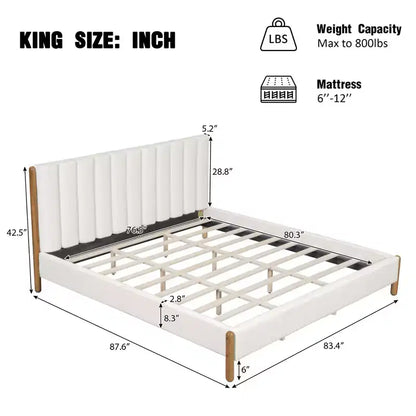 Cadre de lit plateforme rembourré Queen/King/California King avec tête de lit épaisse capitonnée et pieds en bois massif, blanc - ModernLuxe