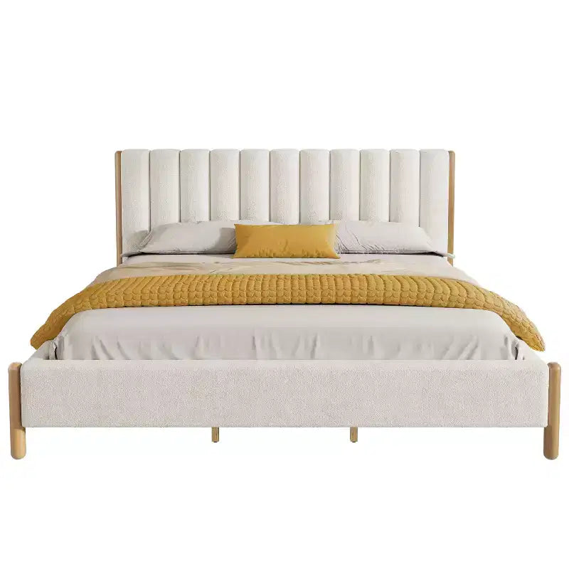 Cadre de lit plateforme rembourré Queen/King/California King avec tête de lit épaisse capitonnée et pieds en bois massif, blanc - ModernLuxe