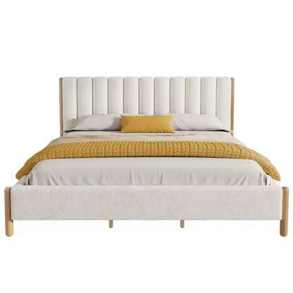 Cadre de lit plateforme rembourré Queen/King/California King avec tête de lit épaisse capitonnée et pieds en bois massif, blanc - ModernLuxe
