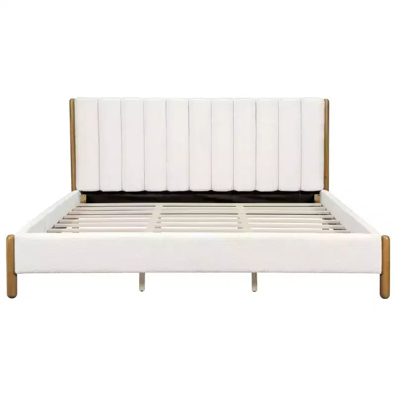 Cadre de lit plateforme rembourré Queen/King/California King avec tête de lit épaisse capitonnée et pieds en bois massif, blanc - ModernLuxe