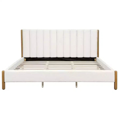 Cadre de lit plateforme rembourré Queen/King/California King avec tête de lit épaisse capitonnée et pieds en bois massif, blanc - ModernLuxe