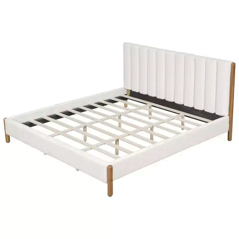 Cadre de lit plateforme rembourré Queen/King/California King avec tête de lit épaisse capitonnée et pieds en bois massif, blanc - ModernLuxe