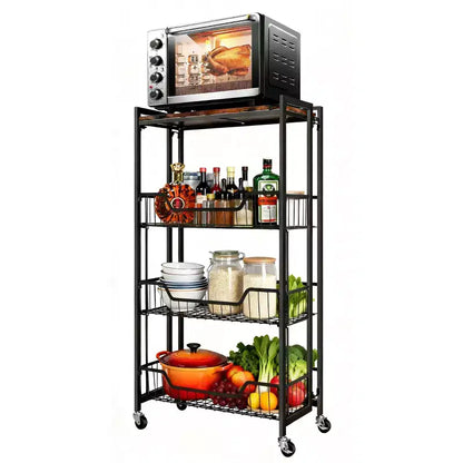 Large 4-Tier Foldable Storage Cart with Lockable Caster - 100Lbs Loading Capacity, Expandable Kitchen Organizer Storage Island