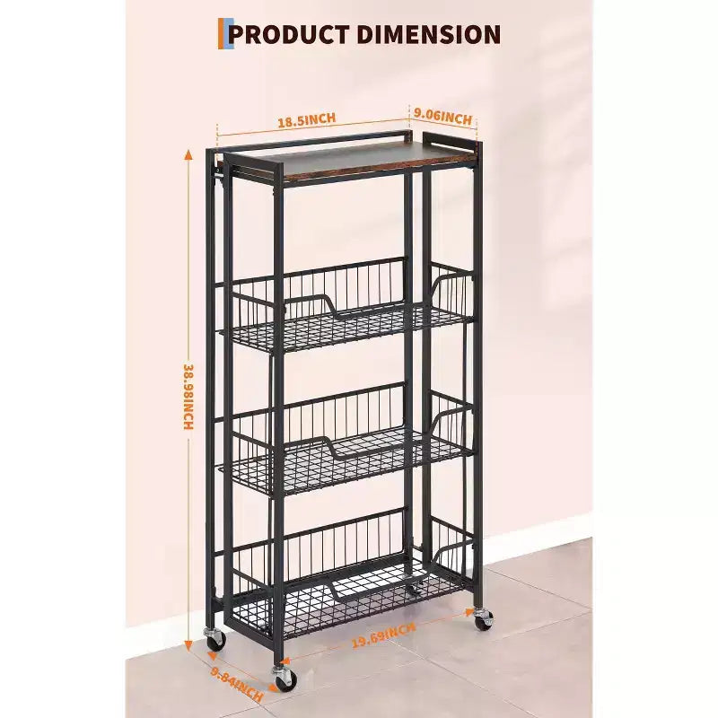 Chariot de rangement pliable à 4 niveaux avec roulettes verrouillables - Capacité de charge de 45 kg, îlot de rangement de cuisine extensible