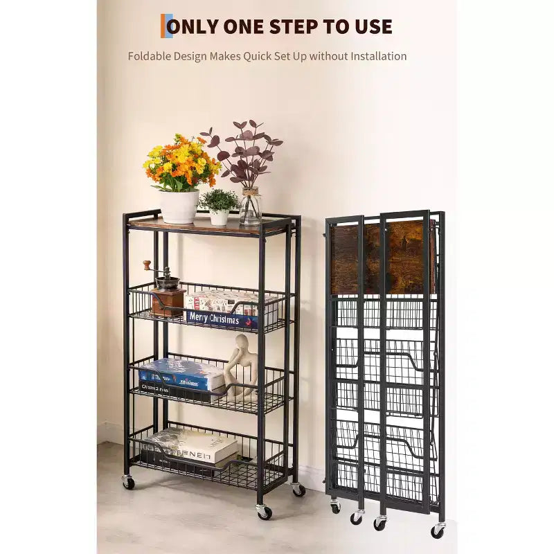 Chariot de rangement pliable à 4 niveaux avec roulettes verrouillables - Capacité de charge de 45 kg, îlot de rangement de cuisine extensible