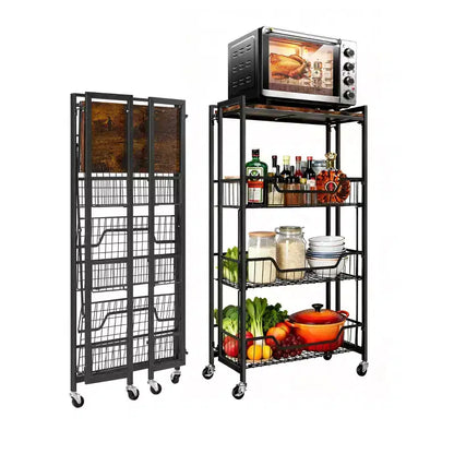 Chariot de rangement pliable à 4 niveaux avec roulettes verrouillables - Capacité de charge de 45 kg, îlot de rangement de cuisine extensible