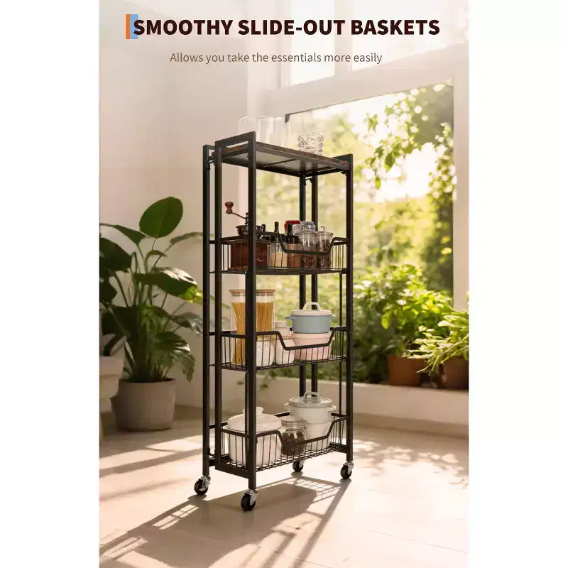 Chariot de rangement pliable à 4 niveaux avec roulettes verrouillables - Capacité de charge de 45 kg, îlot de rangement de cuisine extensible
