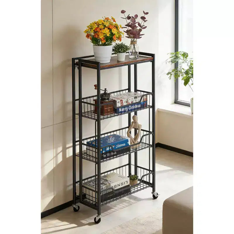 Chariot de rangement pliable à 4 niveaux avec roulettes verrouillables - Capacité de charge de 45 kg, îlot de rangement de cuisine extensible
