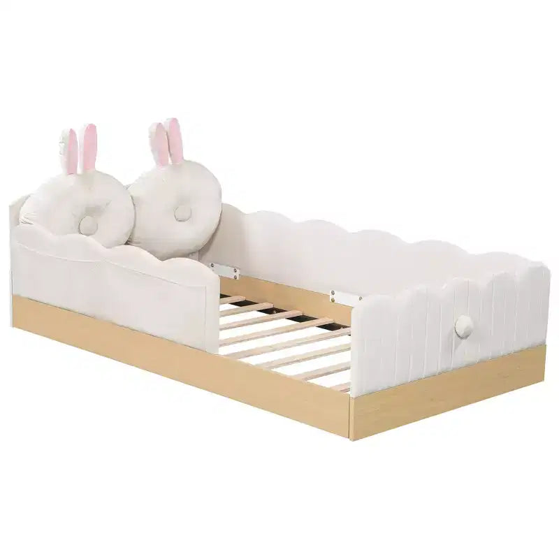 Lit de sol Montessori double avec oreillers rembourrés, barrières de sécurité, lit plate-forme avec oreillers mignons en forme d'oreilles de lapin
