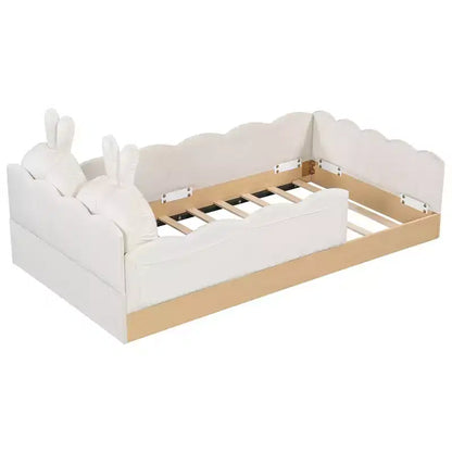 Lit de sol Montessori double avec oreillers rembourrés, barrières de sécurité, lit plate-forme avec oreillers mignons en forme d'oreilles de lapin