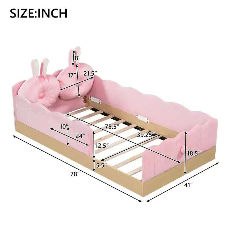 Lit de sol Montessori double avec oreillers rembourrés, barrières de sécurité, lit plate-forme avec oreillers mignons en forme d'oreilles de lapin