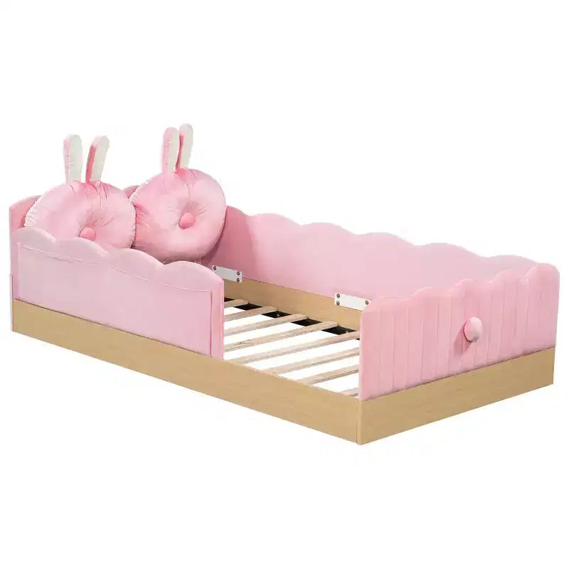 Lit de sol Montessori double avec oreillers rembourrés, barrières de sécurité, lit plate-forme avec oreillers mignons en forme d'oreilles de lapin