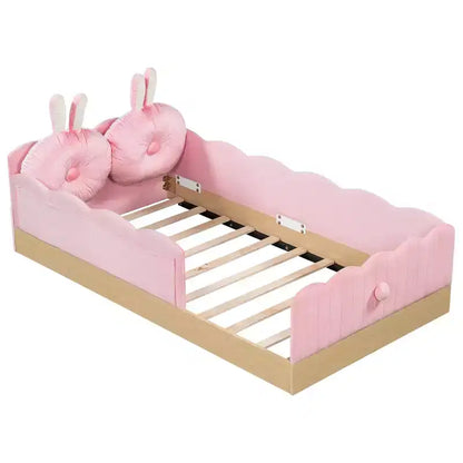 Lit de sol Montessori double avec oreillers rembourrés, barrières de sécurité, lit plate-forme avec oreillers mignons en forme d'oreilles de lapin