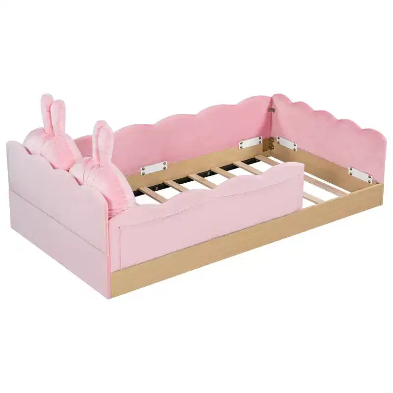 Lit de sol Montessori double avec oreillers rembourrés, barrières de sécurité, lit plate-forme avec oreillers mignons en forme d'oreilles de lapin