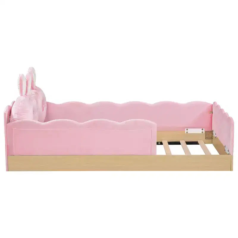 Lit de sol Montessori double avec oreillers rembourrés, barrières de sécurité, lit plate-forme avec oreillers mignons en forme d'oreilles de lapin