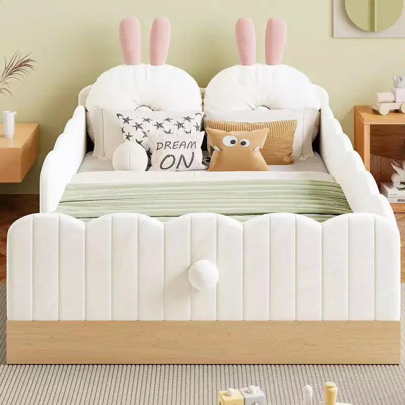 Lit de sol Montessori double avec oreillers rembourrés, barrières de sécurité, lit plate-forme avec oreillers mignons en forme d'oreilles de lapin