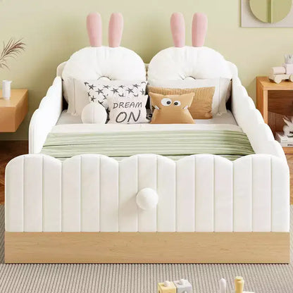 Lit de sol Montessori double avec oreillers rembourrés, barrières de sécurité, lit plate-forme avec oreillers mignons en forme d'oreilles de lapin
