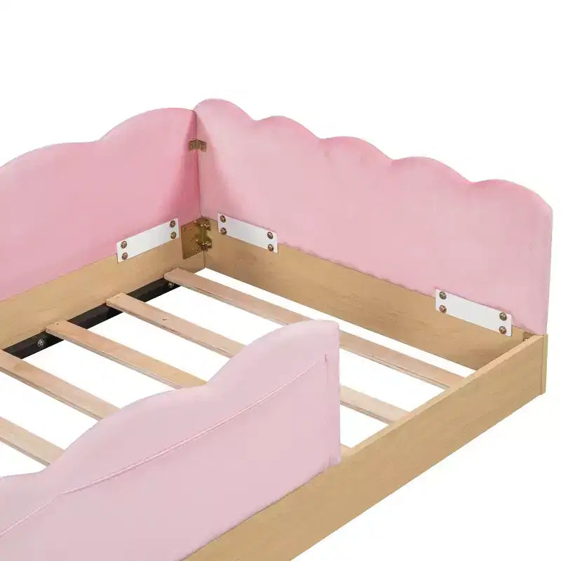 Lit de sol Montessori double avec oreillers rembourrés, barrières de sécurité, lit plate-forme avec oreillers mignons en forme d'oreilles de lapin