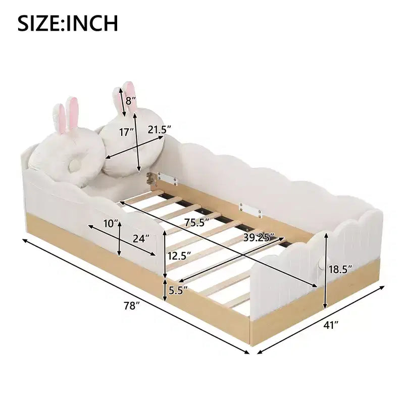 Lit de sol Montessori double avec oreillers rembourrés, barrières de sécurité, lit plate-forme avec oreillers mignons en forme d'oreilles de lapin