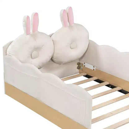 Lit de sol Montessori double avec oreillers rembourrés, barrières de sécurité, lit plate-forme avec oreillers mignons en forme d'oreilles de lapin