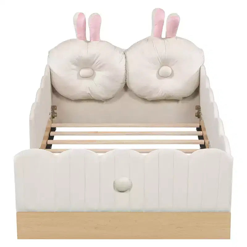 Lit de sol Montessori double avec oreillers rembourrés, barrières de sécurité, lit plate-forme avec oreillers mignons en forme d'oreilles de lapin