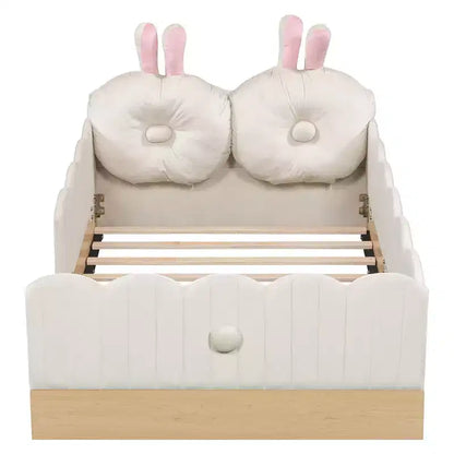Lit de sol Montessori double avec oreillers rembourrés, barrières de sécurité, lit plate-forme avec oreillers mignons en forme d'oreilles de lapin
