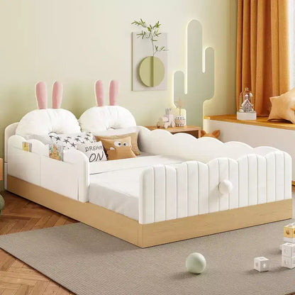 Twin Size Montessori Floor Bed with Upholstered Pillows, Safety Fence Guardrails, Floor Platform Bed with Cute Rabbit Ear Shaped Pillows