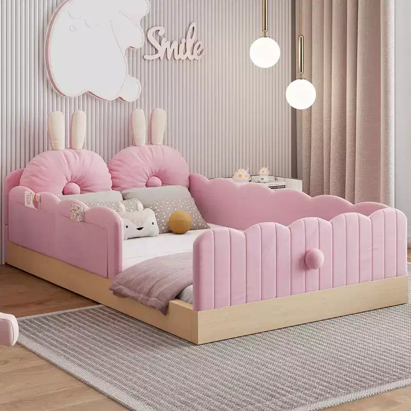 Lit de sol Montessori double avec oreillers rembourrés, barrières de sécurité, lit plate-forme avec oreillers mignons en forme d'oreilles de lapin