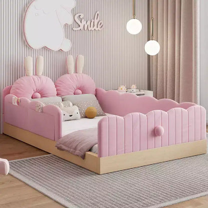 Lit de sol Montessori double avec oreillers rembourrés, barrières de sécurité, lit plate-forme avec oreillers mignons en forme d'oreilles de lapin