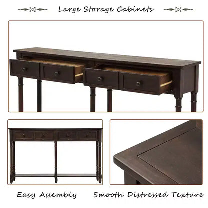 TUYOHW Table console vintage 147 cm, table de canapé étroite avec 2 tiroirs de rangement et étagère inférieure, table d'entrée pour salon, couloir