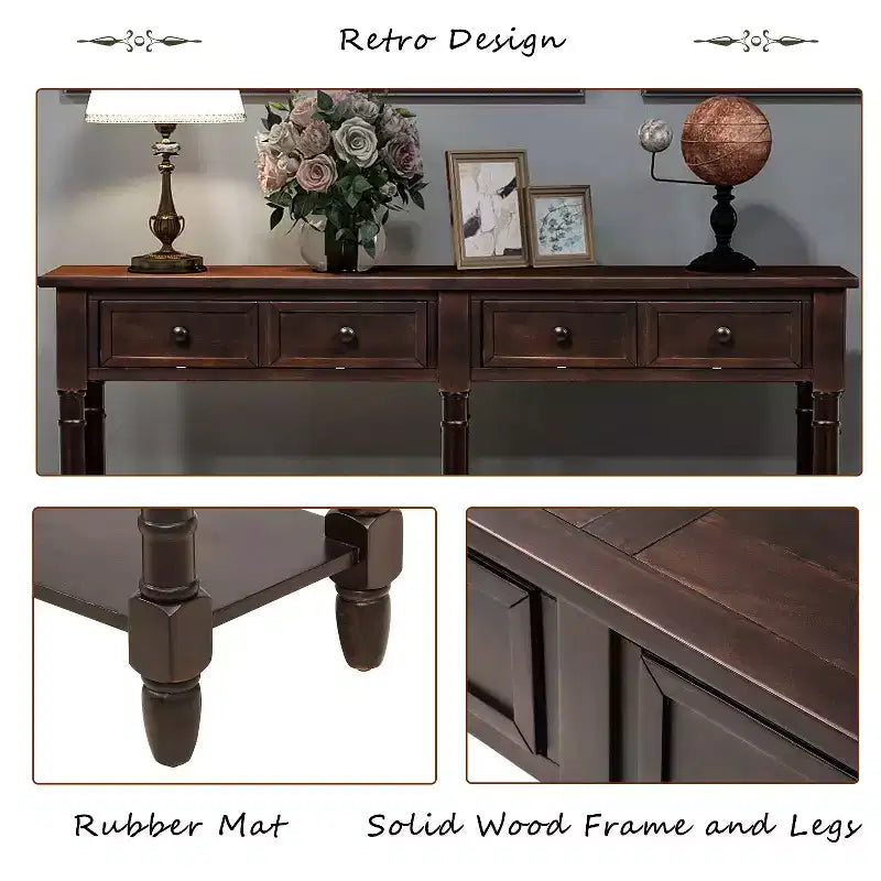 TUYOHW Table console vintage 147 cm, table de canapé étroite avec 2 tiroirs de rangement et étagère inférieure, table d'entrée pour salon, couloir