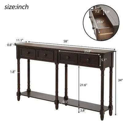 TUYOHW Table console vintage 147 cm, table de canapé étroite avec 2 tiroirs de rangement et étagère inférieure, table d'entrée pour salon, couloir