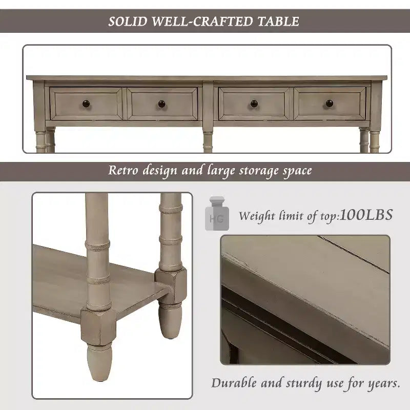 TUYOHW Table console vintage 147 cm, table de canapé étroite avec 2 tiroirs de rangement et étagère inférieure, table d'entrée pour salon, couloir