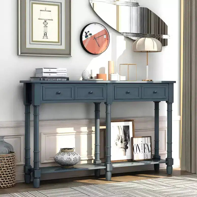 TUYOHW Table console vintage 147 cm, table de canapé étroite avec 2 tiroirs de rangement et étagère inférieure, table d'entrée pour salon, couloir