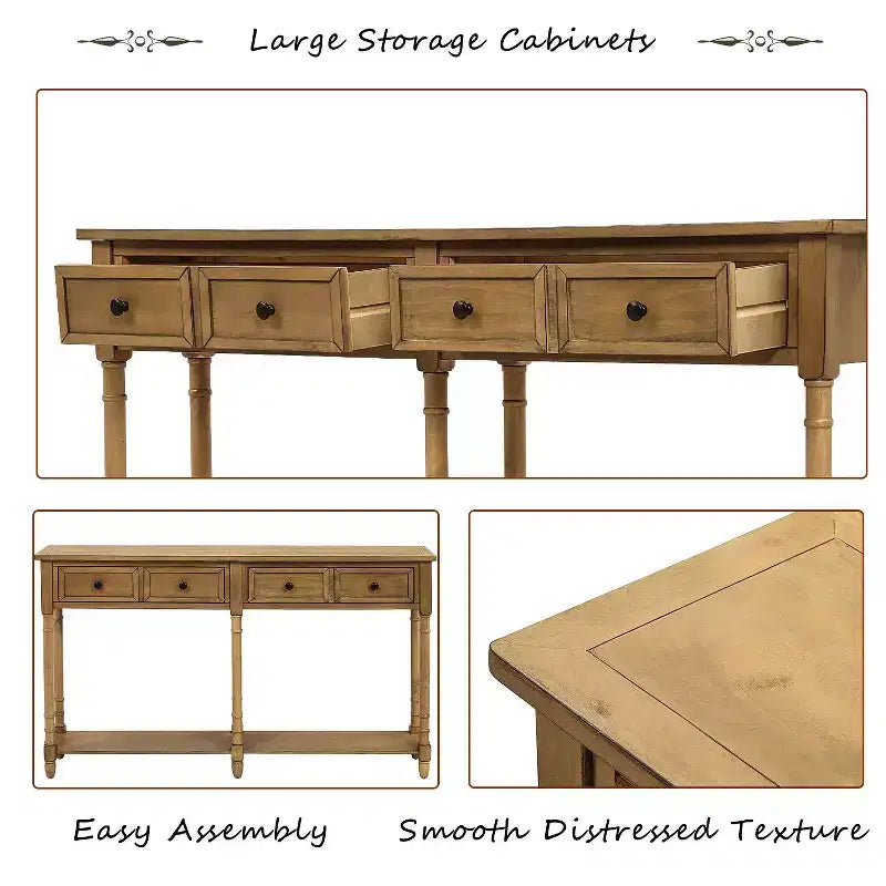 TUYOHW Table console vintage 147 cm, table de canapé étroite avec 2 tiroirs de rangement et étagère inférieure, table d'entrée pour salon, couloir